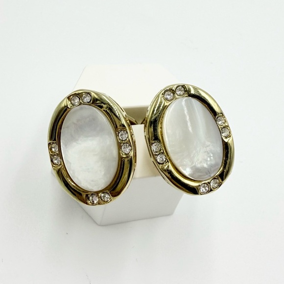 Vintage Louis Rousselet Gold Tone Mother Of Pearl - Rhinestones Clip-On Earrings - Picture 3 of 7